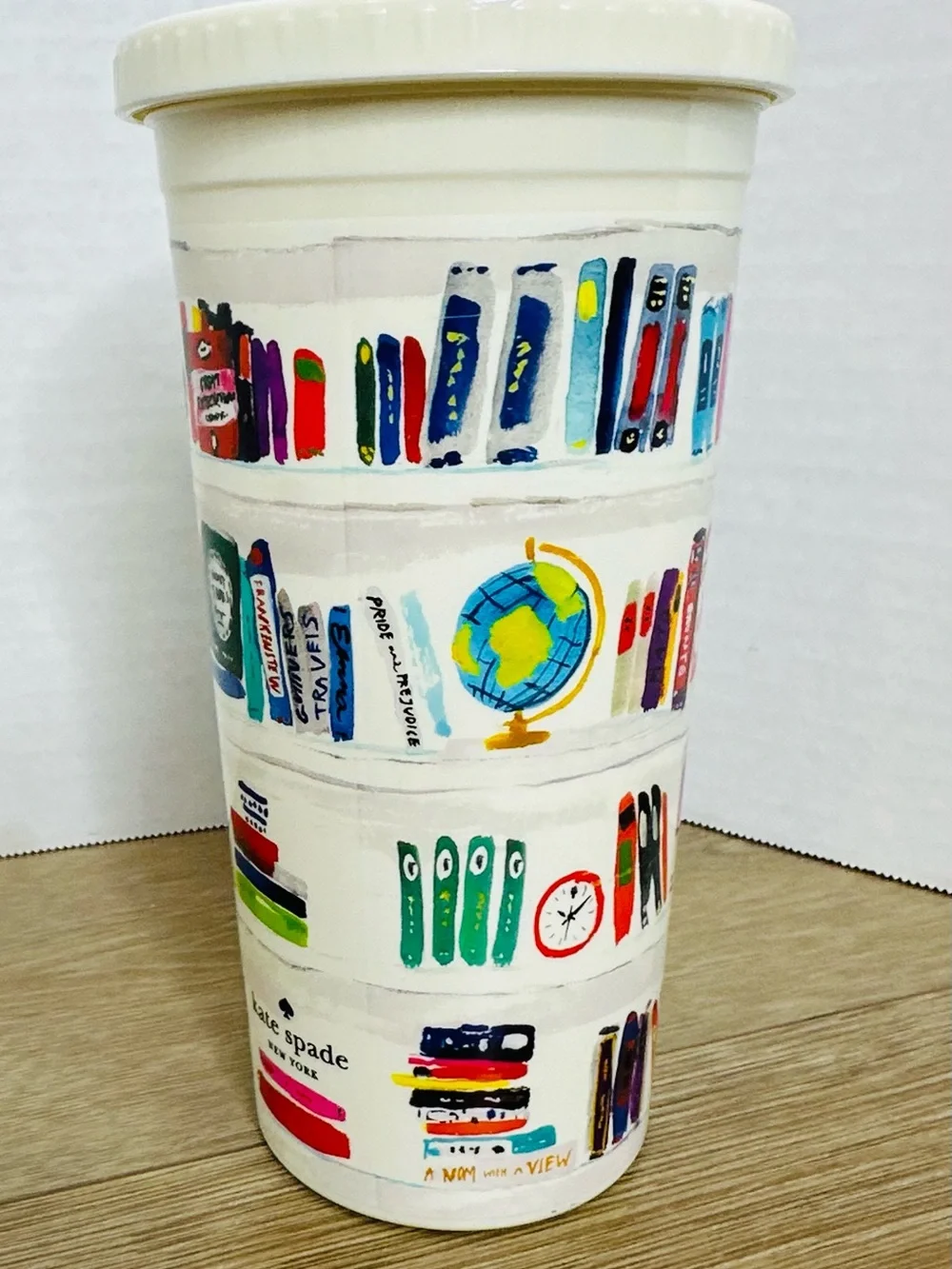 kate spade White Travel Tumbler with Colorful Illustrated Bookshelf